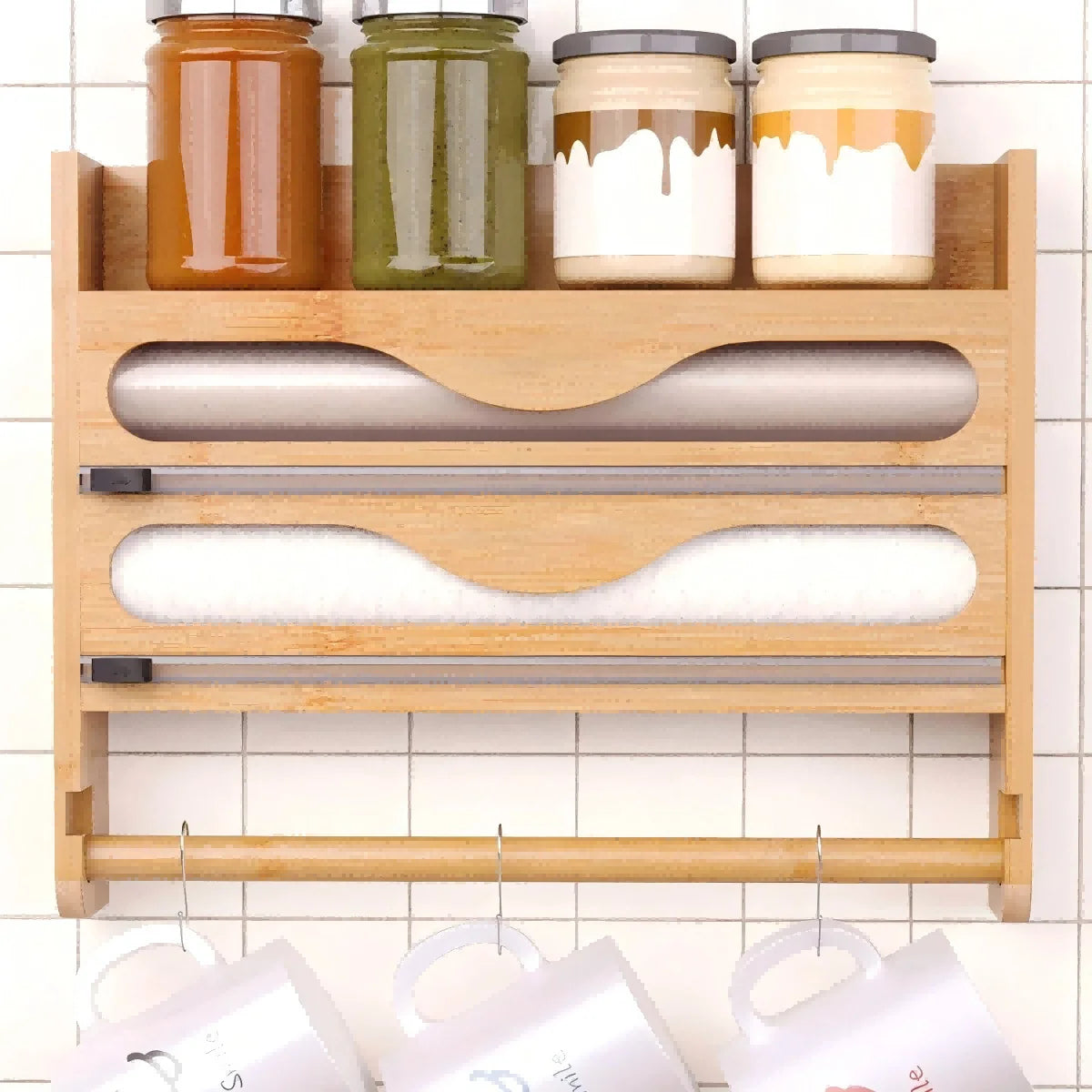 cutter cuisine moderne minimaliste bois naturel noir compartiments couteaux bouteilles condiments fixation murale