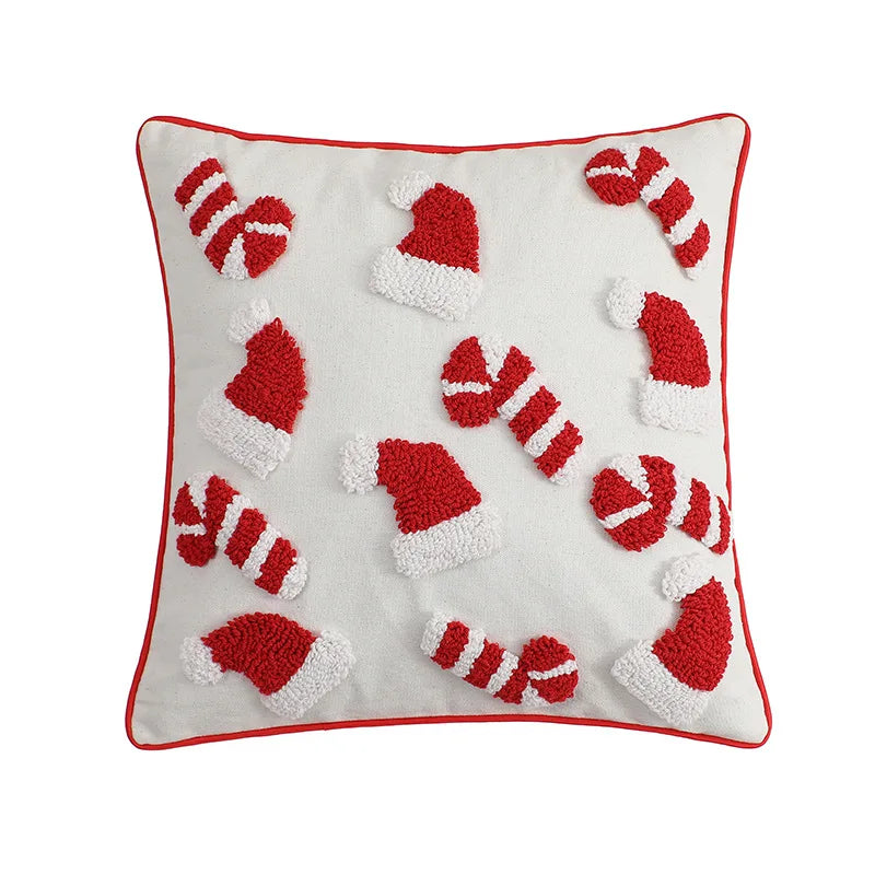coussin noël brodé blanc rouge motifs cannes sucre opacité décoratif zipper