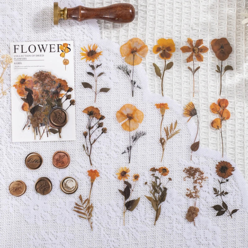 autocollants fleurs séchées orange marron bleu violet rouge jaune adhésifs naturels rustiques 40 pièces