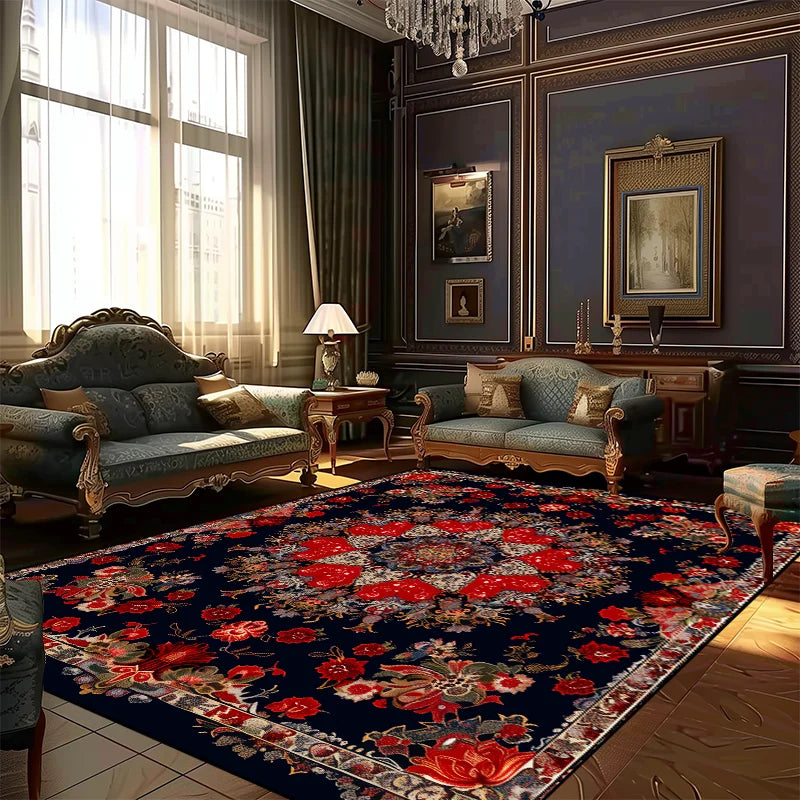 Une salle de séjour élégante avec un mobilier de style traditionnel, de luxueux rideaux et un tapis persan coloré qui ajoute une touche chaleureuse à l'espace.