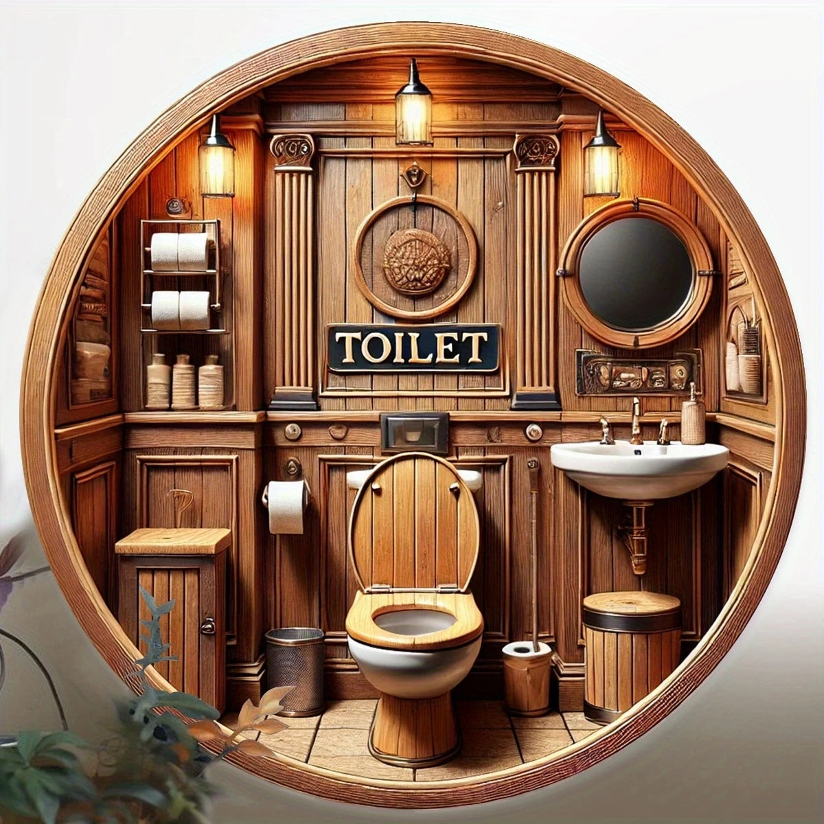 panneau decoratif mural bois naturel rond vintage rustique salle bains