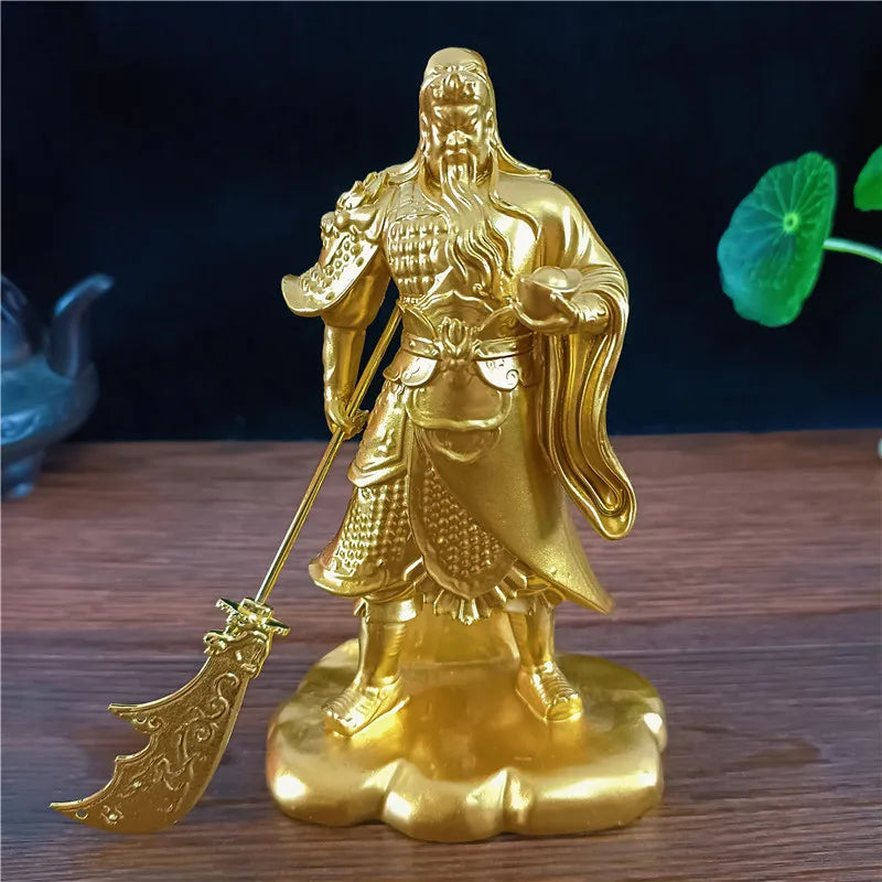 statue bouddha guan gong bronze armure historique décoration maison épée dorée résine feng shui