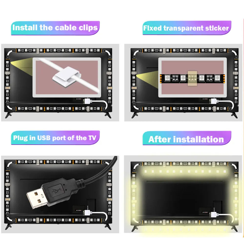 ruban led bleu moderne adhésif télécommande infrarouge câble usb 43 55 49 58 inchesRGBOptimalEclairageSalle