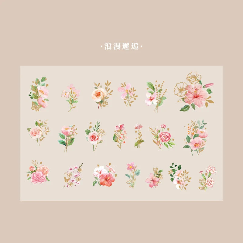 sticker floral adhésif bleu vert doré fleurs feuilles décoration carnet artisanal 40pcs