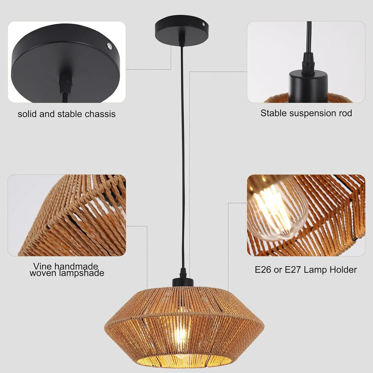 lampe suspendue moderne marron clair tissée main 32cm opale câble noir adjustable 150cm chambre