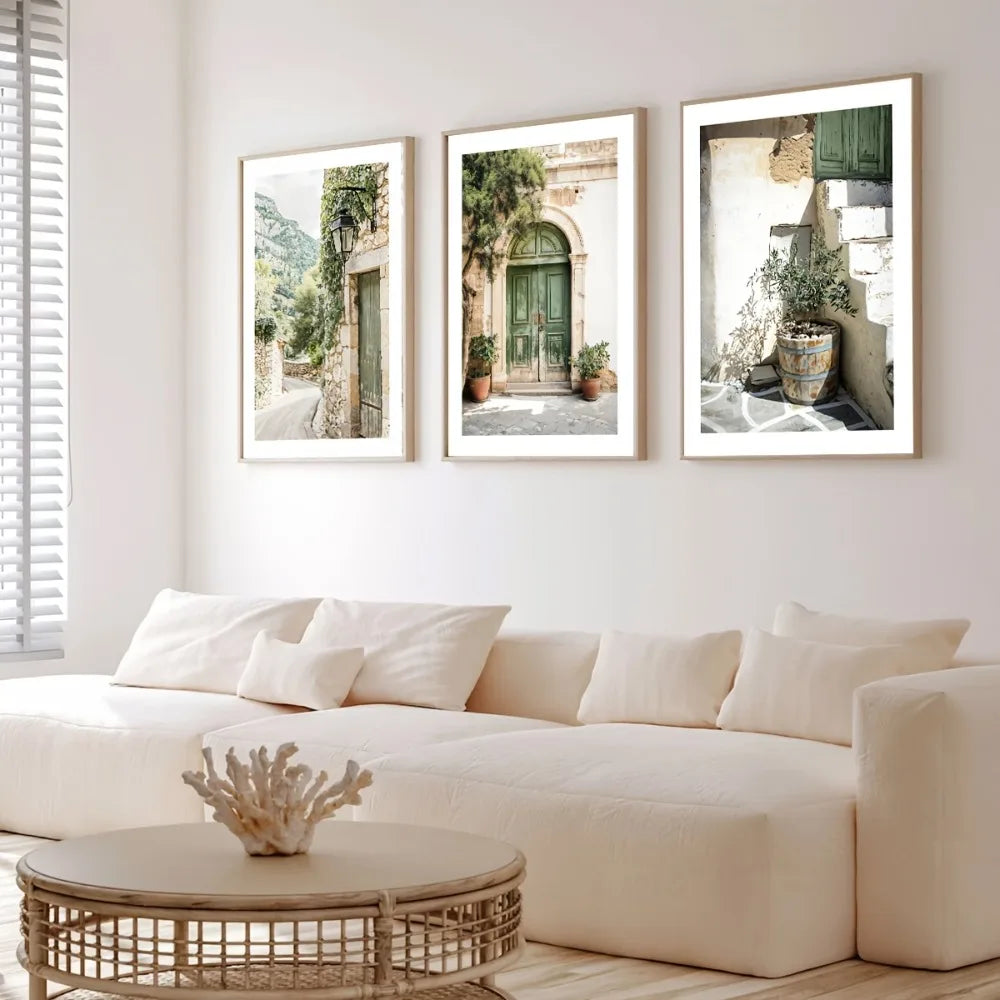 toile d'art classique minimaliste paysages urbains vert blanc beige abstraits sans cadre rectangle vertical