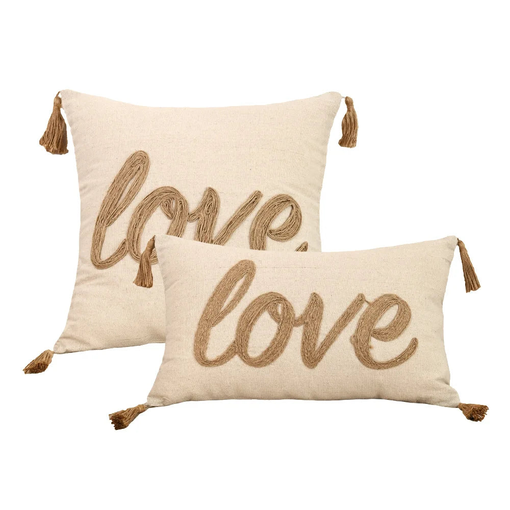 housses coussins motif feuilles texte love coton polyester beige rustique adhésifs tassels decoration