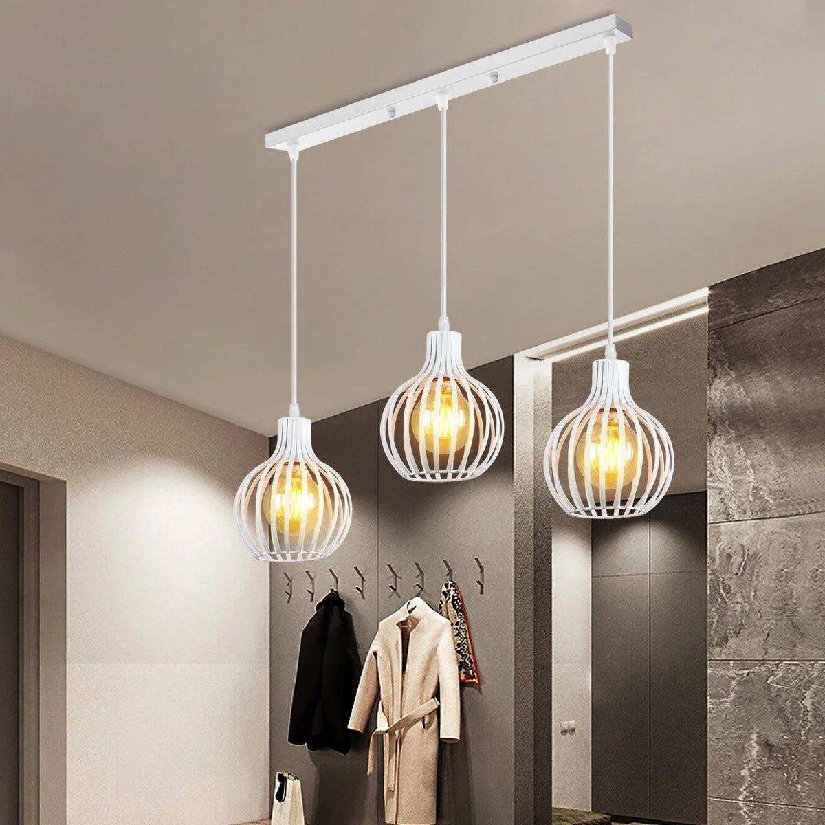 Suspension lumineuse industrielle moderne métal noir blanc abat jour rond grillagé