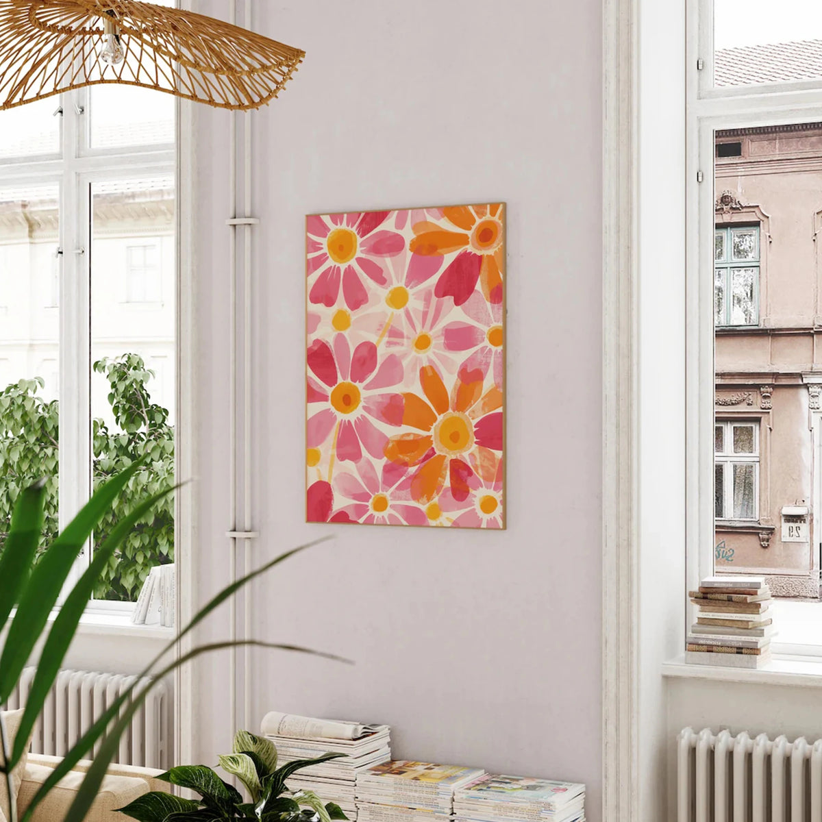 affiche murale moderne fleurs stylisées rose orange chambre salon decoration pop art