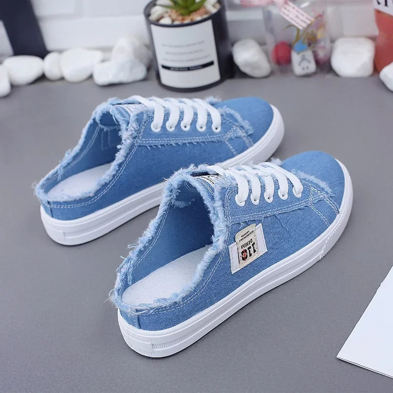 baskets plates femmes toile délavée lacets chaussures décontractées confortables été bleu noir