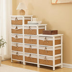 meuble tiroirs blanc rustique paniers osier tissu beige vintage chambre coucher minimaliste moderne