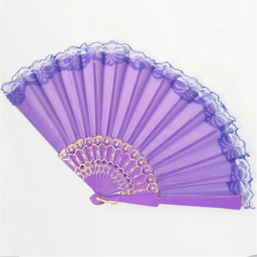 éventail pliant soie dentelle violet bleu noir rose vert rouge classique élégant anneau métallique