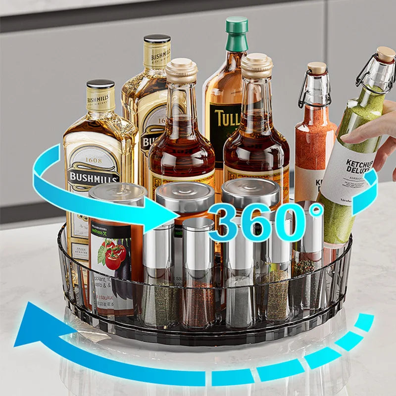 Plateau tournant cuisine bleu avec bouteilles