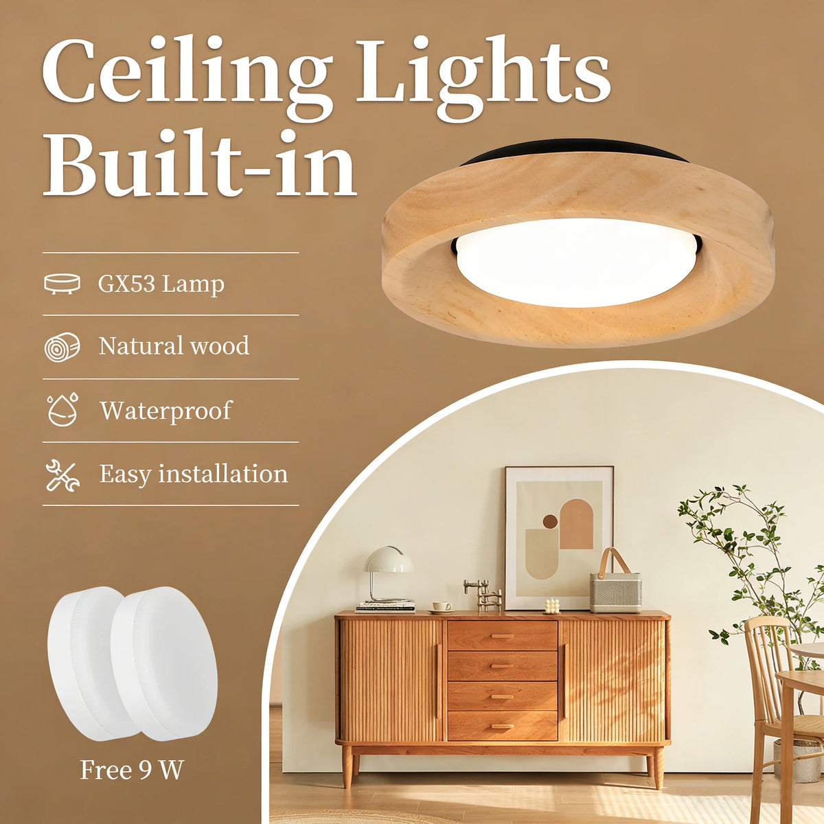 lampe encastrable bois naturel blanc modernes clips câble alimentation ampoule gx53 minimaliste encastrée