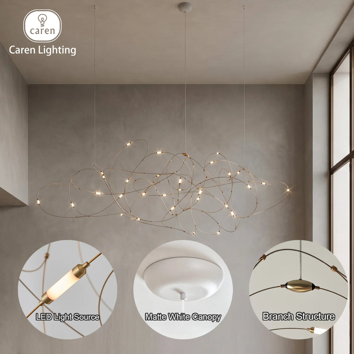suspension lumineuse contemporaine filigrane doré led opalescente grande salle