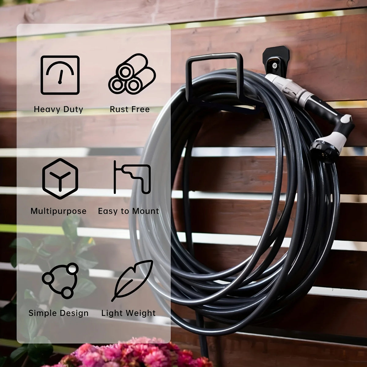 support mural tuyau arrosage robuste noir vert fixations vis mur utilitaire rangement outils fonctionnel