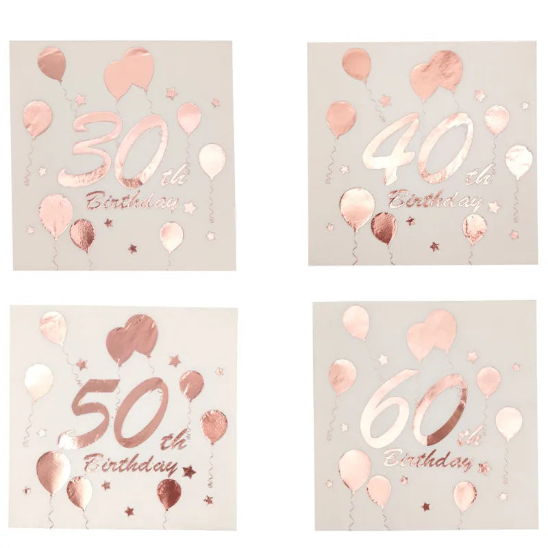 serviettes papier anniversaire rose pâle ballons chiffres étoiles effet métallique 30 40 50 60
