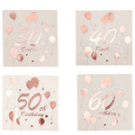 serviettes papier anniversaire rose pâle ballons chiffres étoiles effet métallique 30 40 50 60