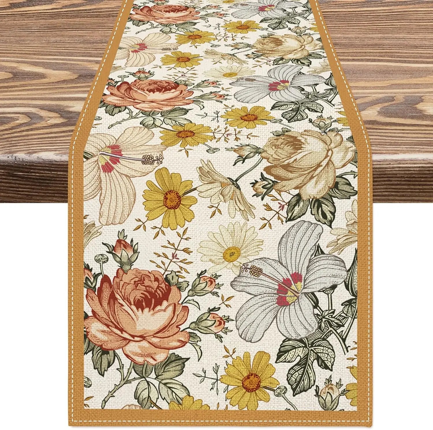 Un motif floral coloré et vibrant sur un fond clair, avec des fleurs de différentes espèces telles que des roses, des marguerites et des plantes grimpantes, créant une belle et harmonieuse composition décorative.