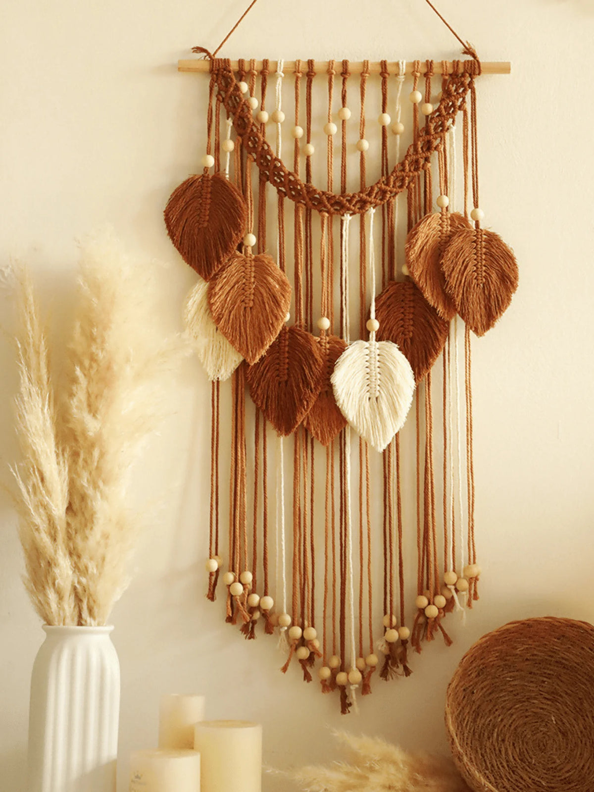 tapisserie murale macramé feuilles bois boho tressé coton lavable marron beige