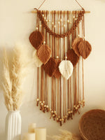 tapisserie murale macramé feuilles bois boho tressé coton lavable marron beige