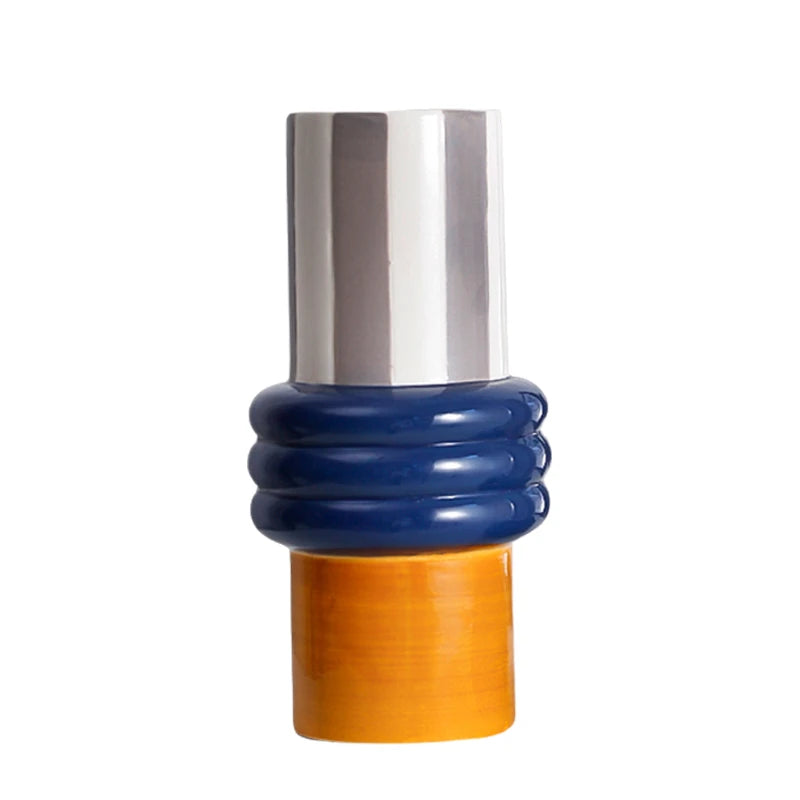 vase décoratif moderne bleu blanc orange lisse texturé géométriquebranches fleurs