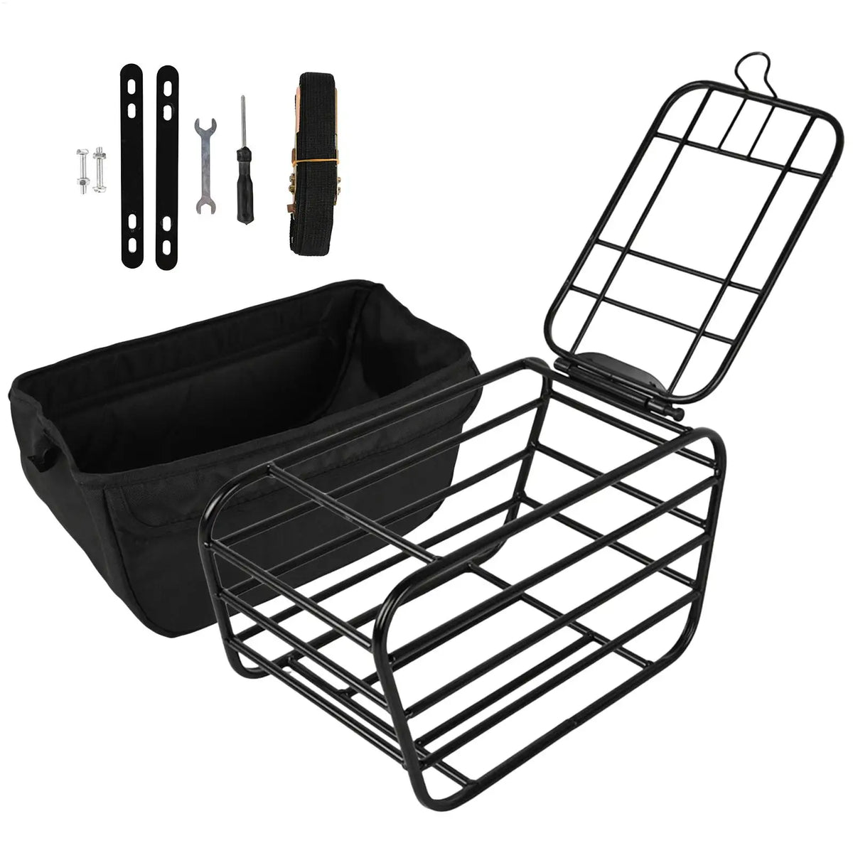 panier vélo métallique noir sacoche tissu accessoires montage rustique utilitaire commuting touring chien poodle