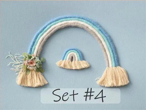 décoration arc ciel tissé franges bohème artisanal nouveau né photo chambre bébé rose blanc