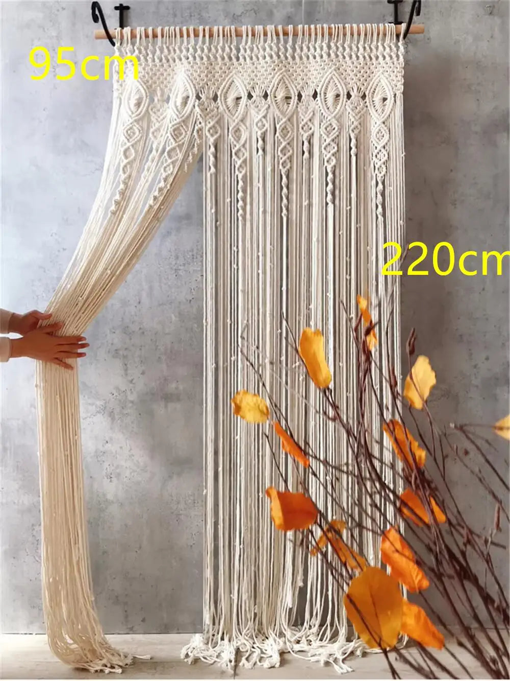 rideau macramé blanc crème motifs géométriques franges boho chic crochet métallique