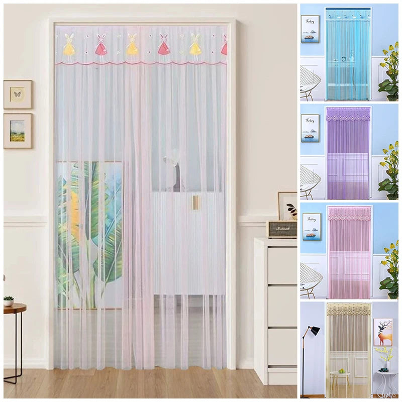 rideau moderne transparent rayures vertes bordure brodée élégant anti moustiques porte auto agrippante