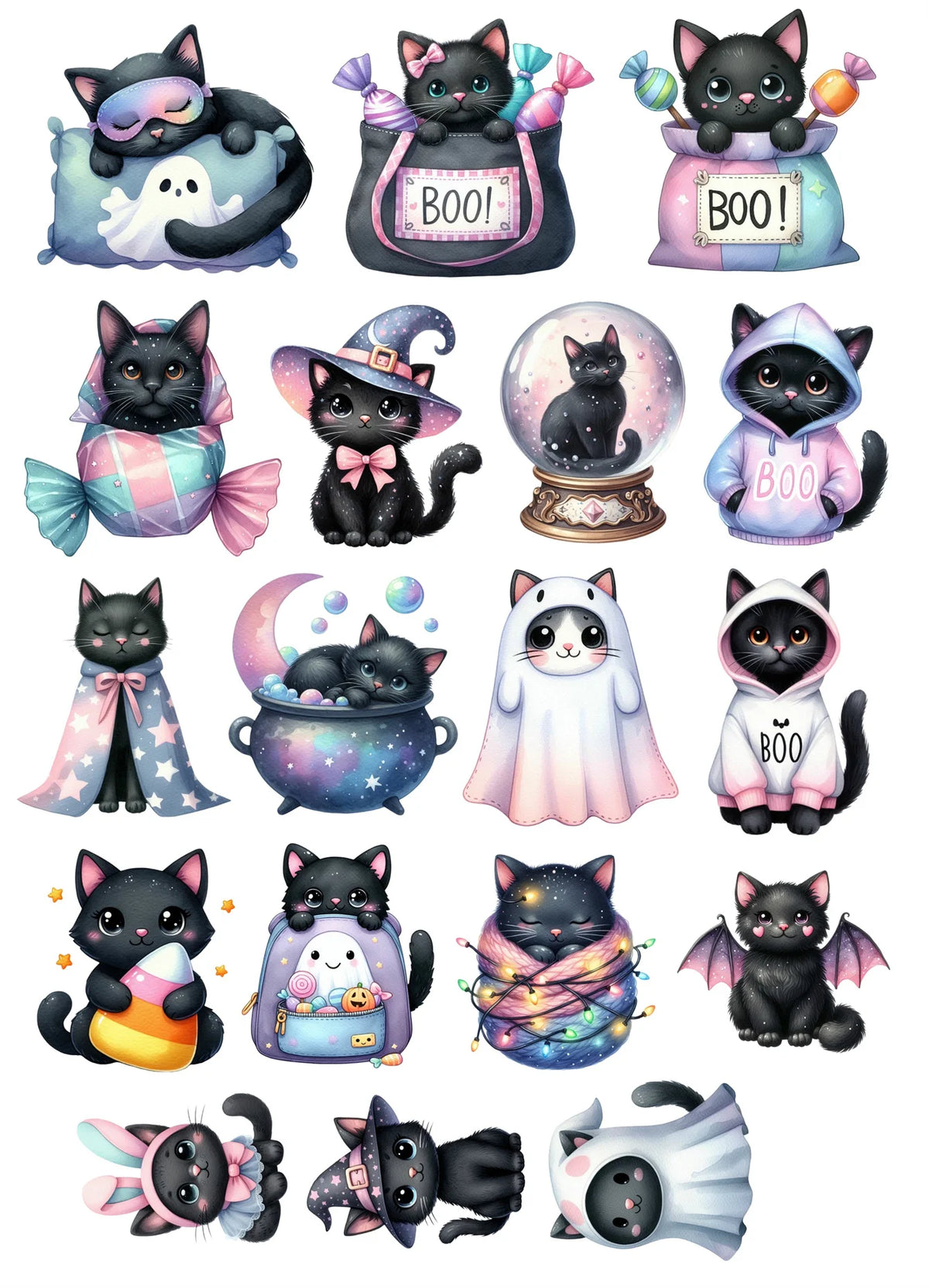 sticker halloween chats fantômes licornes mignon coloré brillant dessin animé