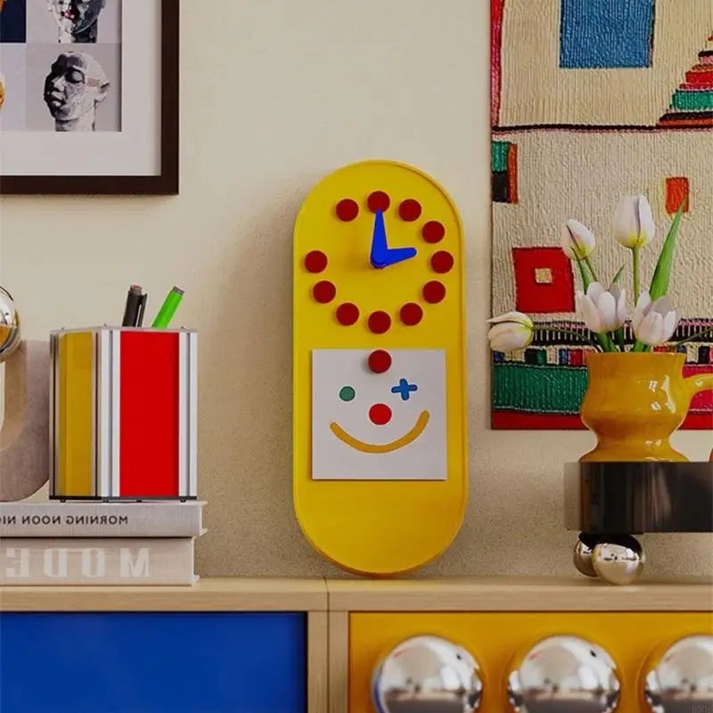 horloge murale moderne jaune bleu ronds souriant adhésif salon chambre aiguille plastique