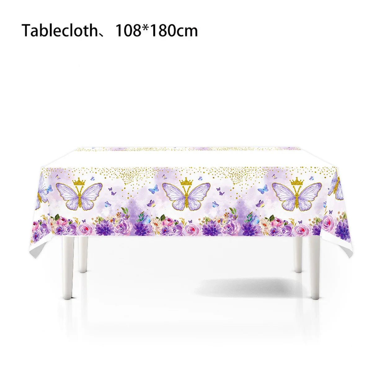 vaisselle jetable fête anniversaire papillons violets roses fleurs couronnes paillettes dorées assiettes tasses serviettes