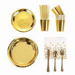 vaisselle jetable dorée assiettes fourchets cuillers serviettes festives or blanc mariage anniversaire noel