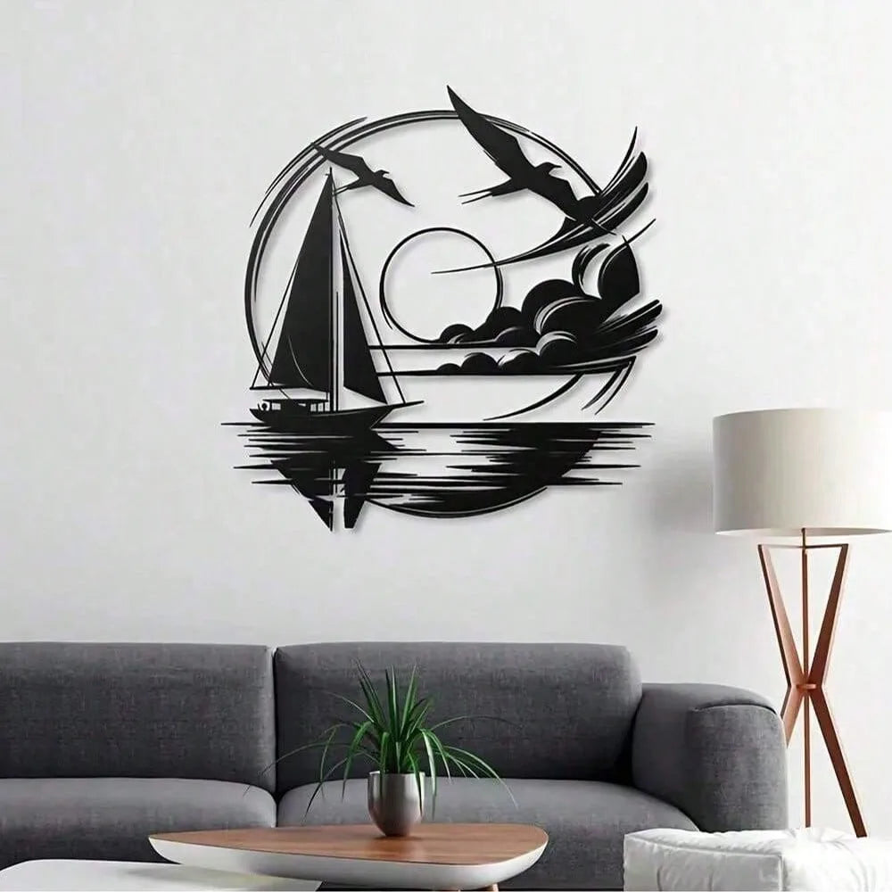 décoration murale art marin bateau voile oiseaux vague soleil noir moderne