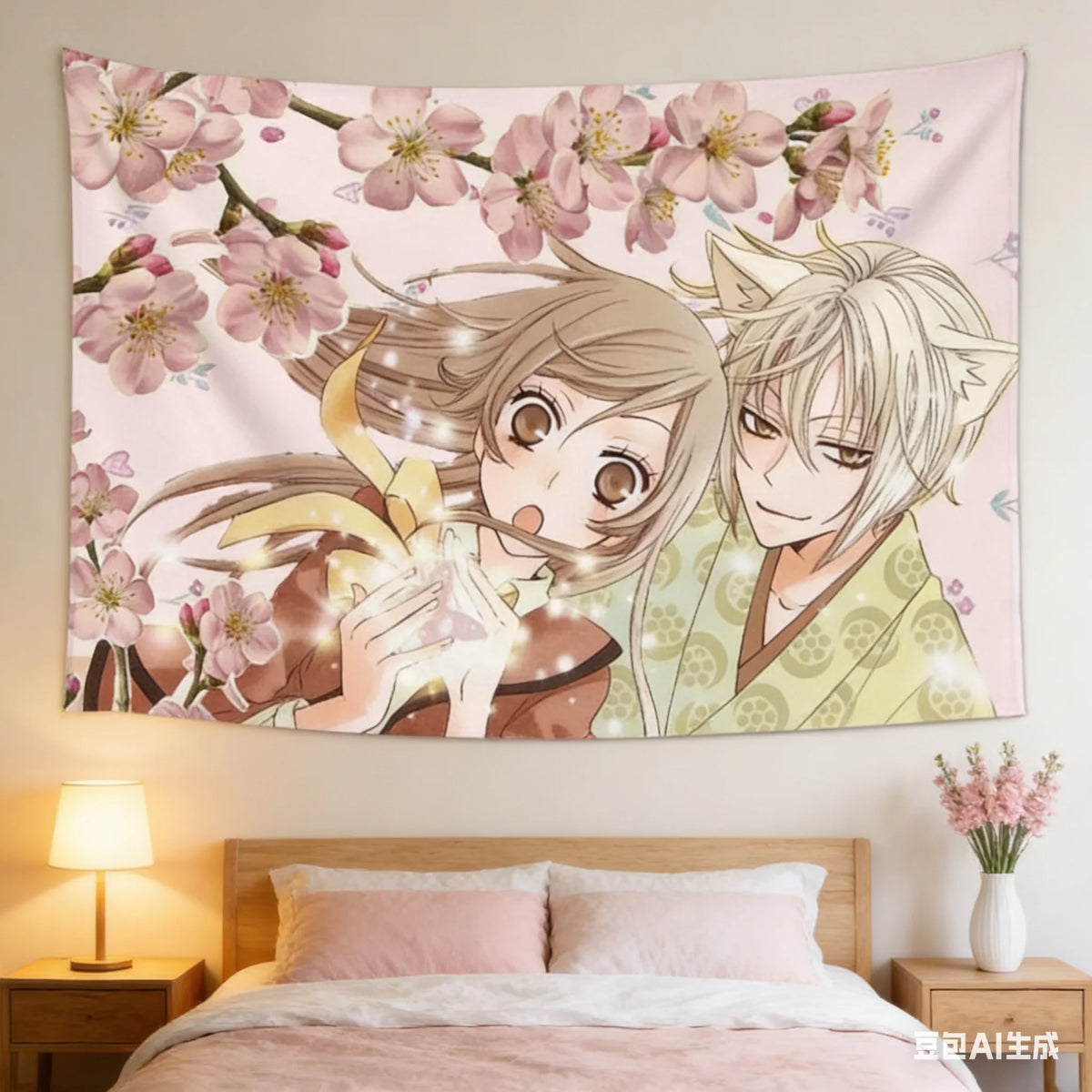 tapisserie murale décoration anime personnages fleurs cerisier rose clair beige blanc clips