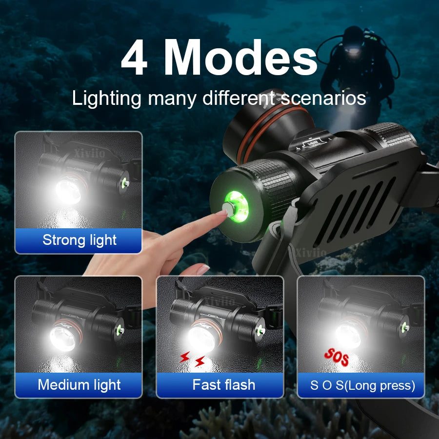 lampe torche plongée rechargeable led 30w ipx8 étanche 500m noir ceinture ajustable haute puissance