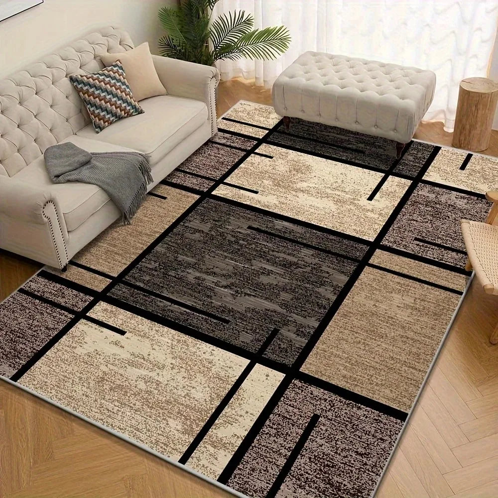 tapis géométrique moderne beige noir gris salon chambre décoration intérieure polyester feutre caoutchouc contemporain