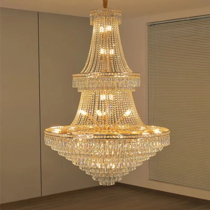 lustre pendentif cristal or hall salon classique 30mètres carrés 20lumières transparents decoration