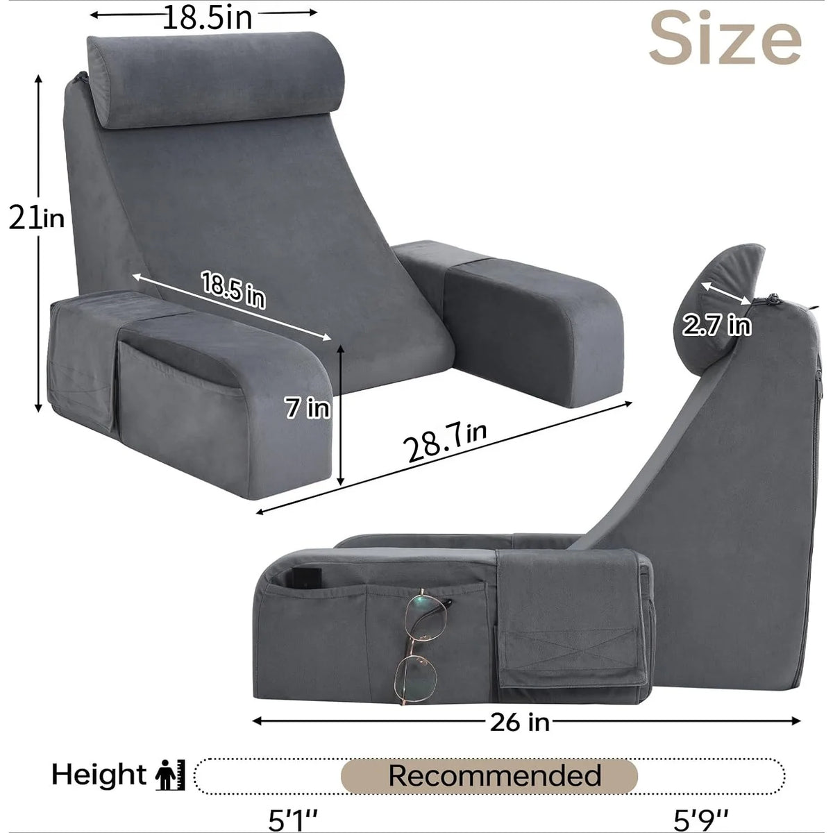 coussin lecture gris uni mousse polyester coton poches arrière confortable ergonomique adulte lit sofa