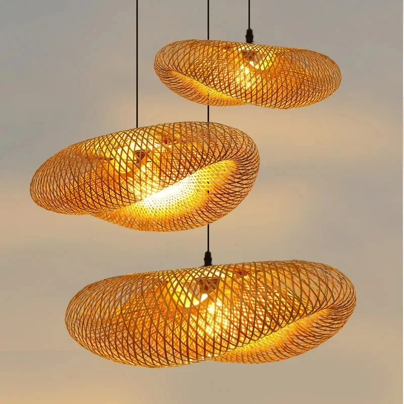 Suspension lumineuse tressée bambou naturel moderne câble doré salon chambre