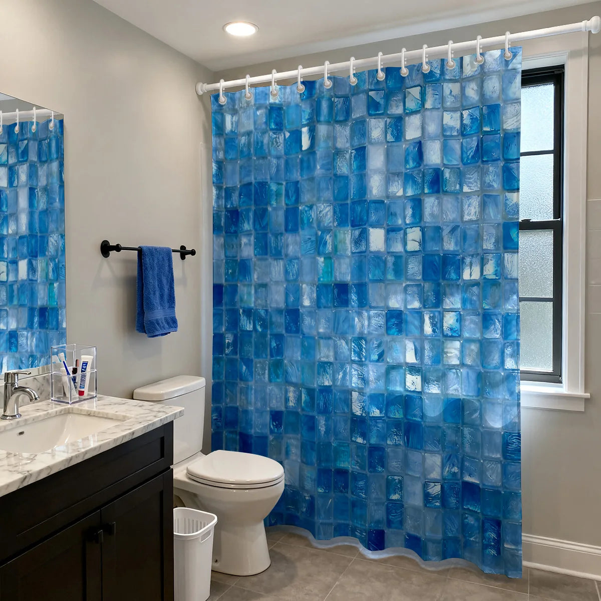 rideau douche bleu carreaux géométriques moderne opacité ourlet standard polyester 200x180cm anneaux