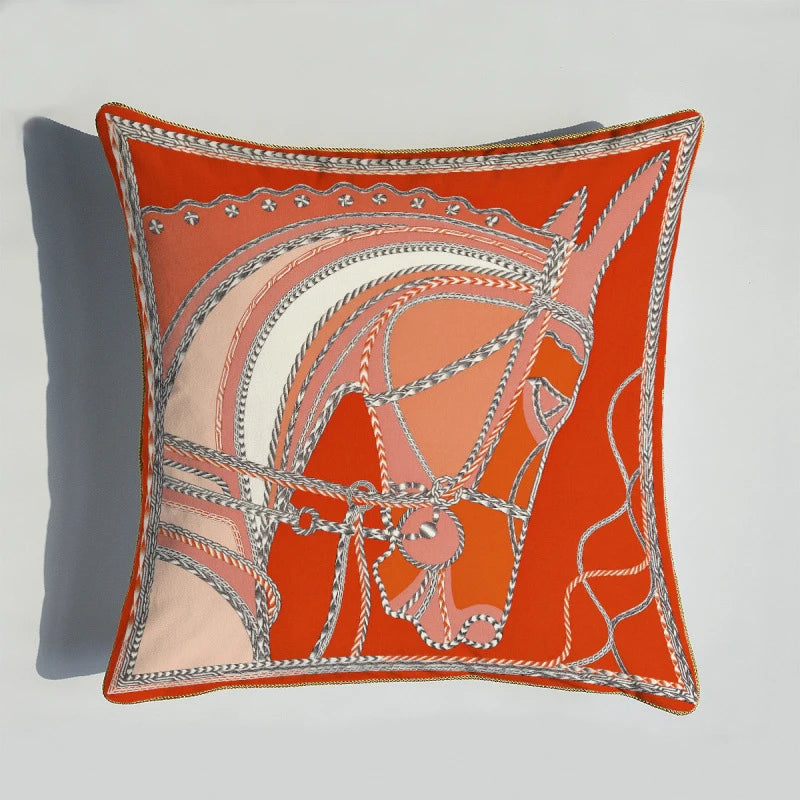 coussin decoratif velours orange motif cheval moderne bord doré 45x45cm sofa decoration