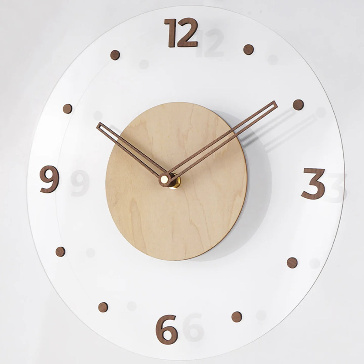 horloge murale moderne minimaliste aiguille acrylique transparente bois clair blanc marron