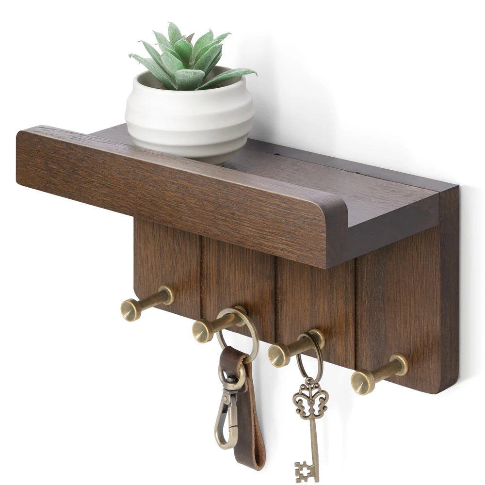porte clés mural bois crochets étagère moderne minimaliste marron foncé succulentes porte monnaie