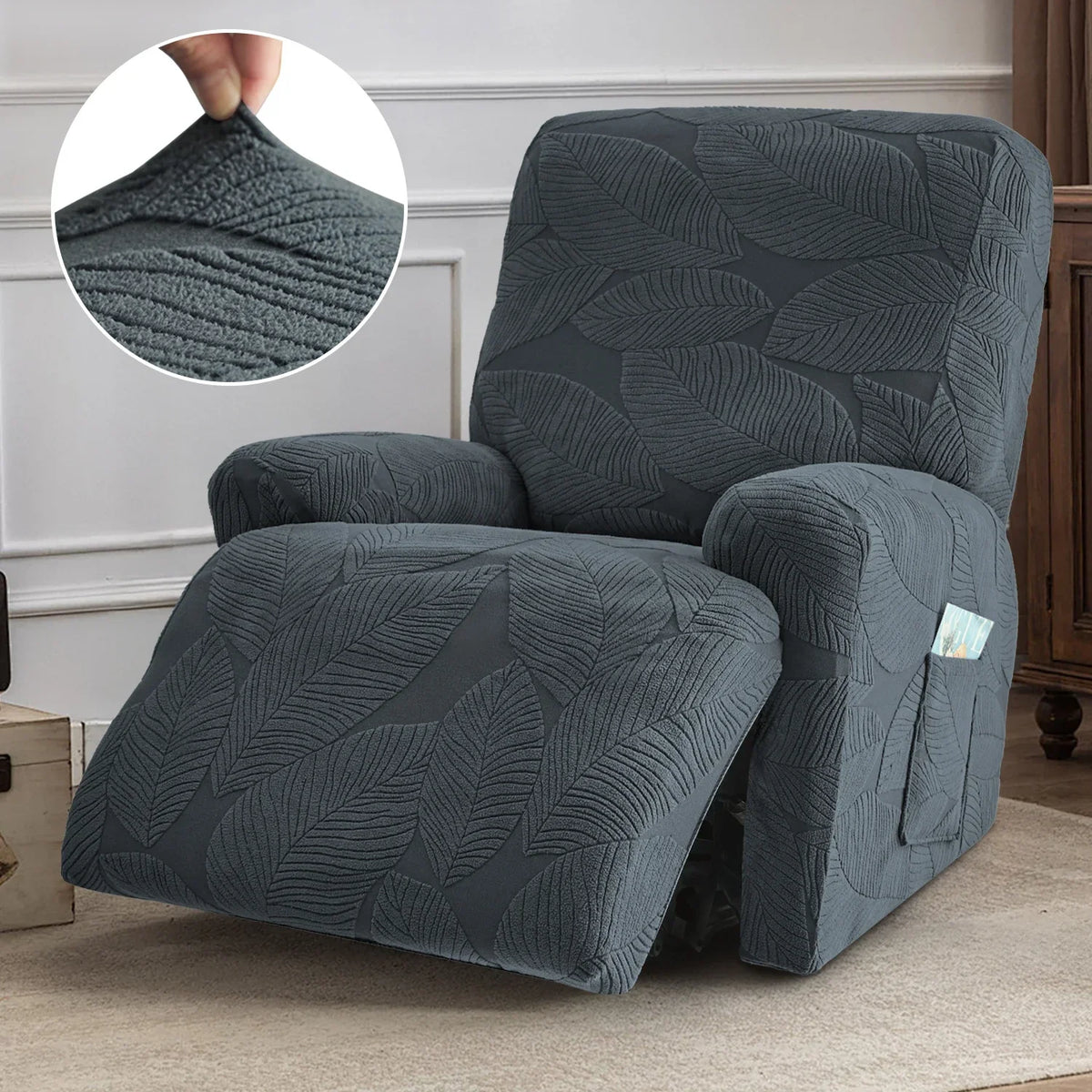 housse canapé rétractable gris feuilles moderne poche adhésive places 68cm 99cm