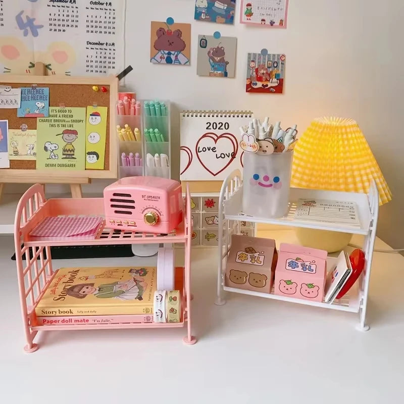rangements pliant double niveau blanc rose jaune calendrier carnet stylos boîtes stickers radio lampe