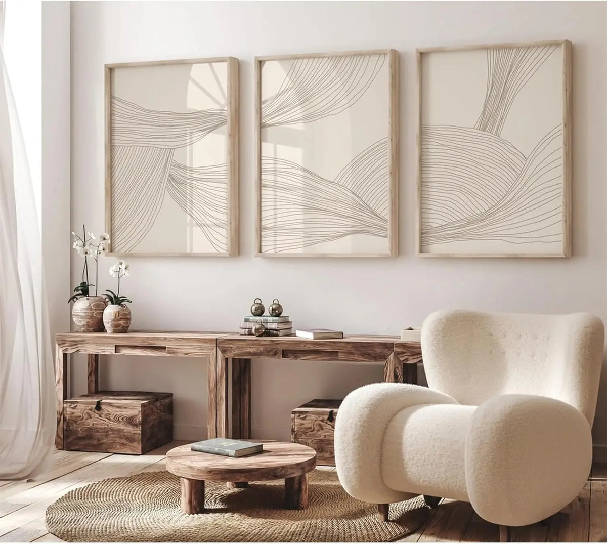 tableaux abstraits contemporains lignes ondulées beige toile sans cadre ensemble trois