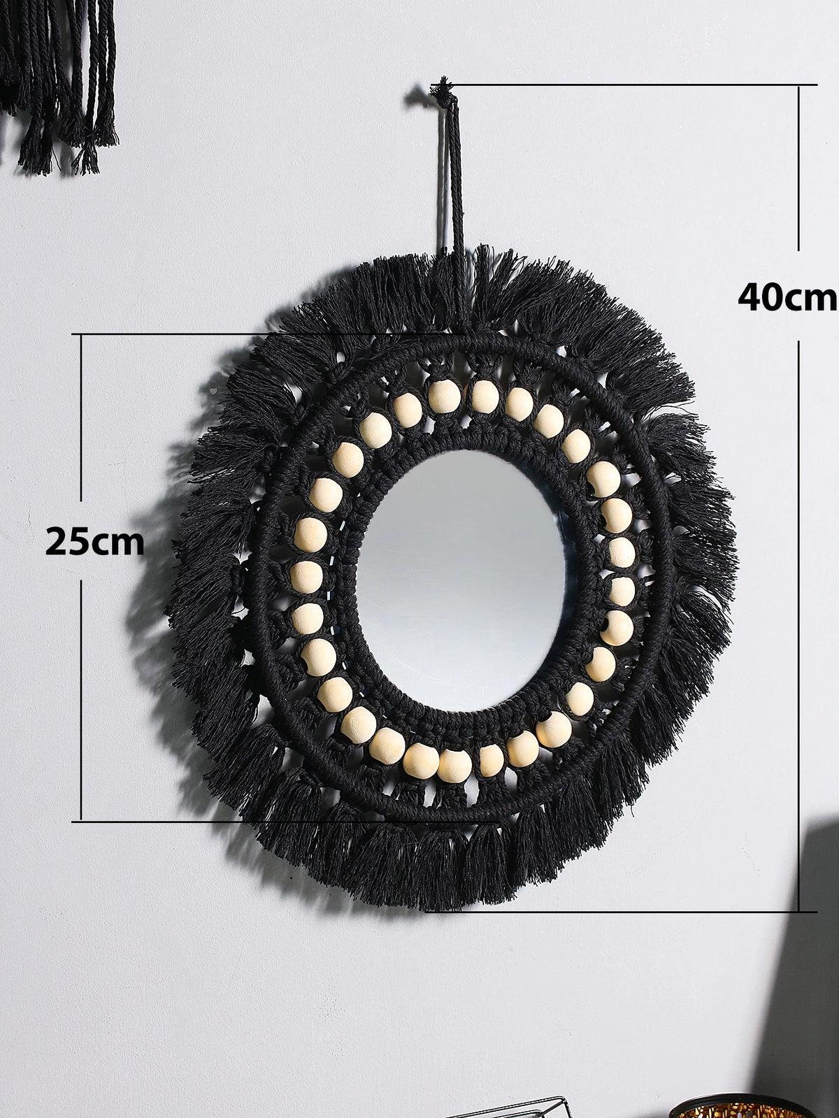 miroir boho blanc macramé franges artisanal crochet peigne protection chambre salon