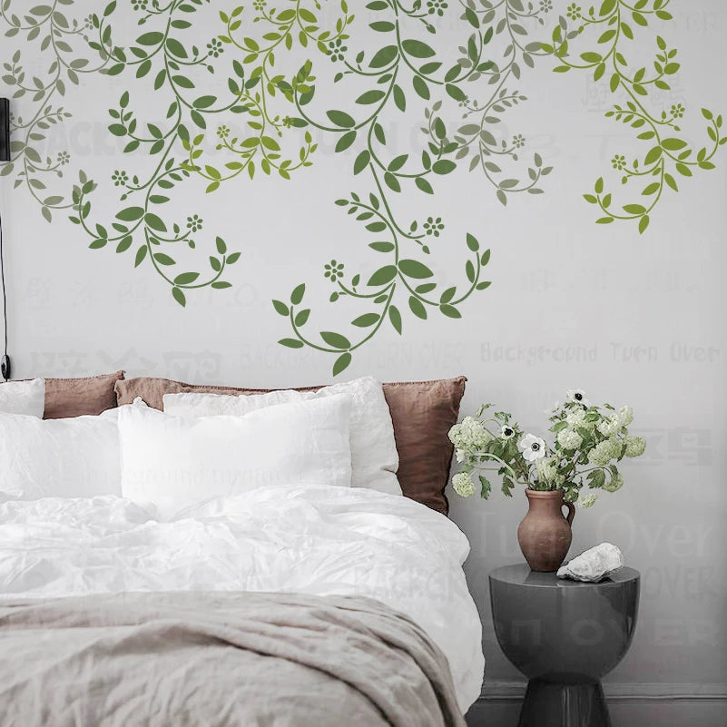 autocollant mural moderne floral feuilles fleurs vert clair gris clair taille 60cm 50cm 40cm